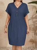 Vestido Falsos Botões Plus Size - Pauline lojasoeconomia Azul G