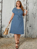 Vestido Plus Size Listrado - Adele lojasoeconomia Azul G 